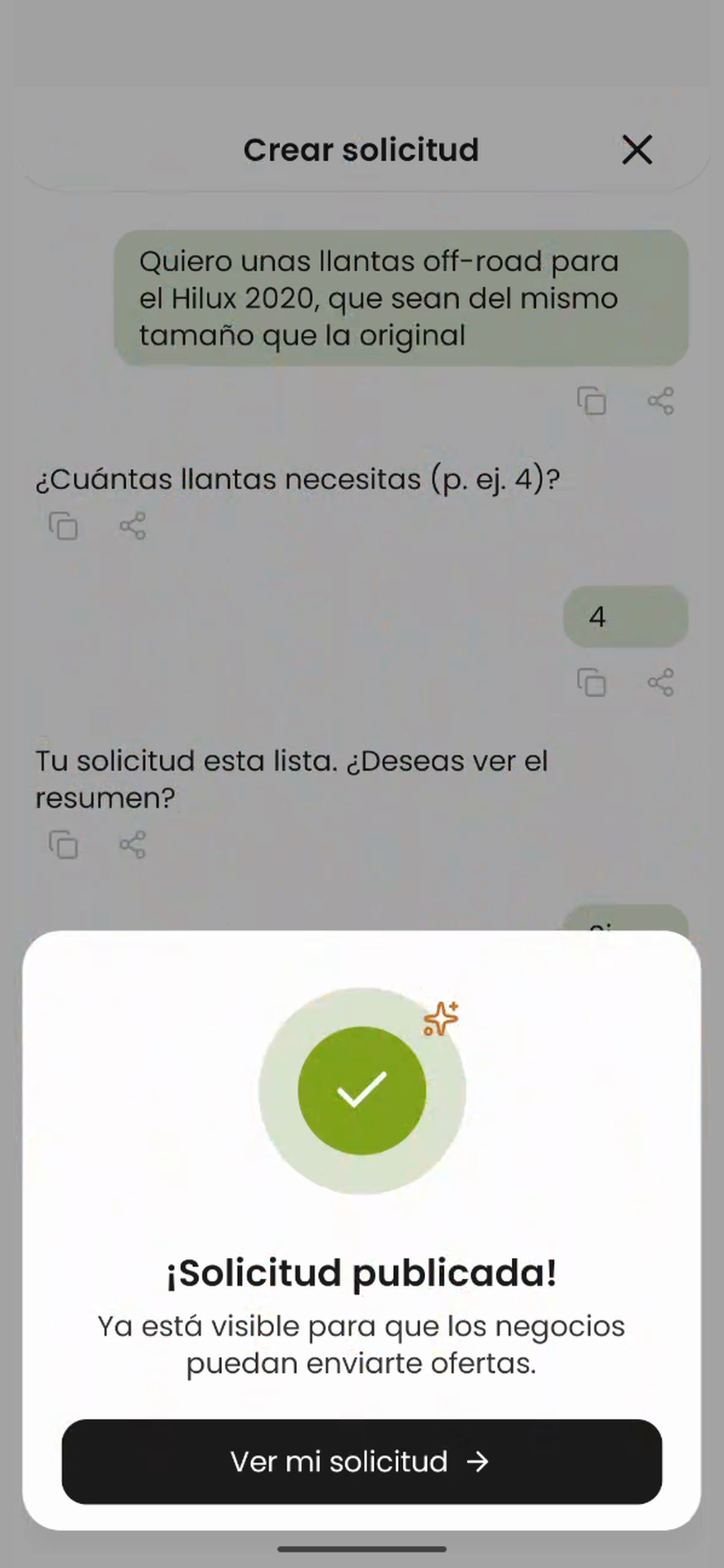 Captura real: confirmación de publicación de la solicitud, visible para los negocios.