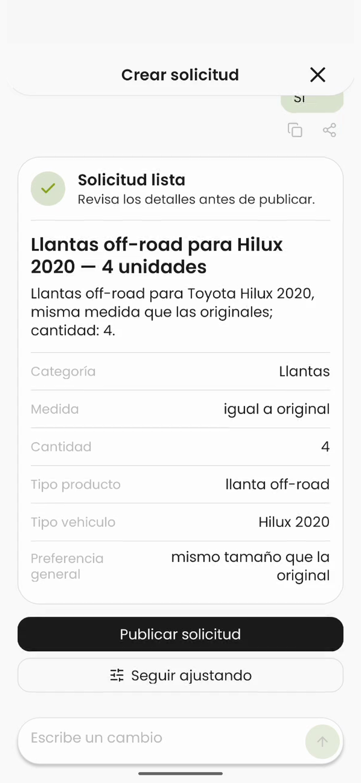 Captura real: resumen de la solicitud de llantas, con detalles y acción para publicar.