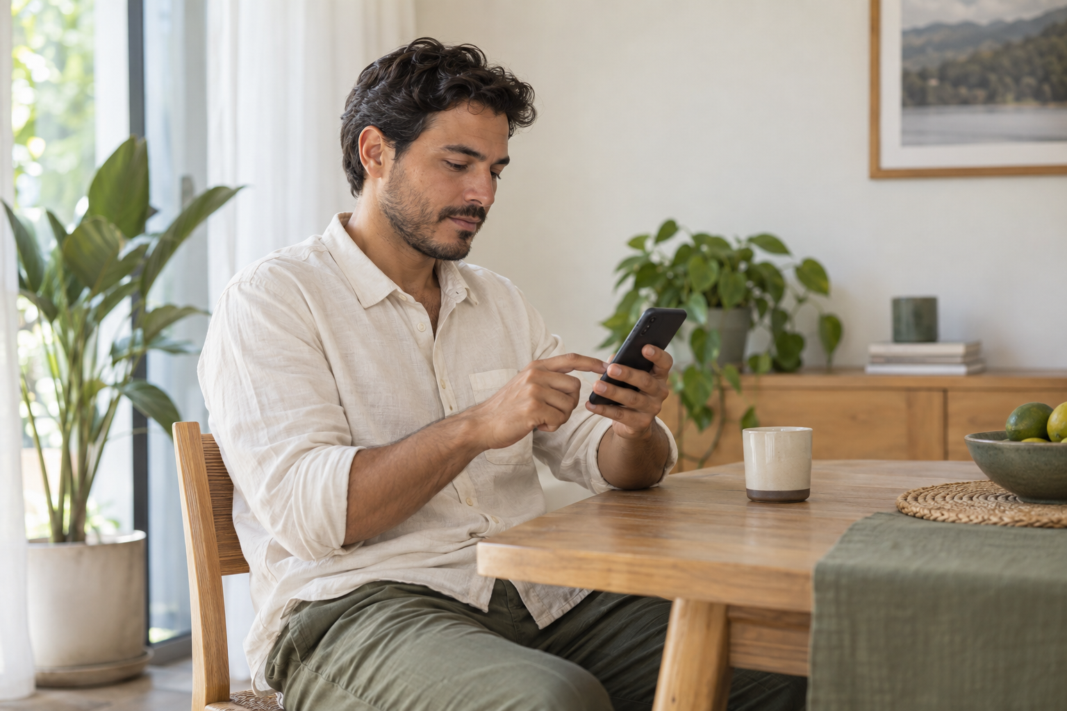 Hombre usando su celular sentado a la mesa de su casa.